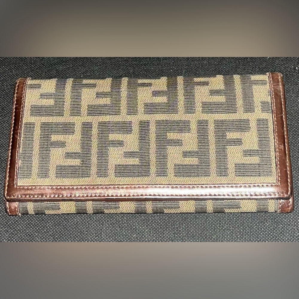 FENDI Zucca Brown Canvas Leather Bifold Long Wallet Vintage Italy